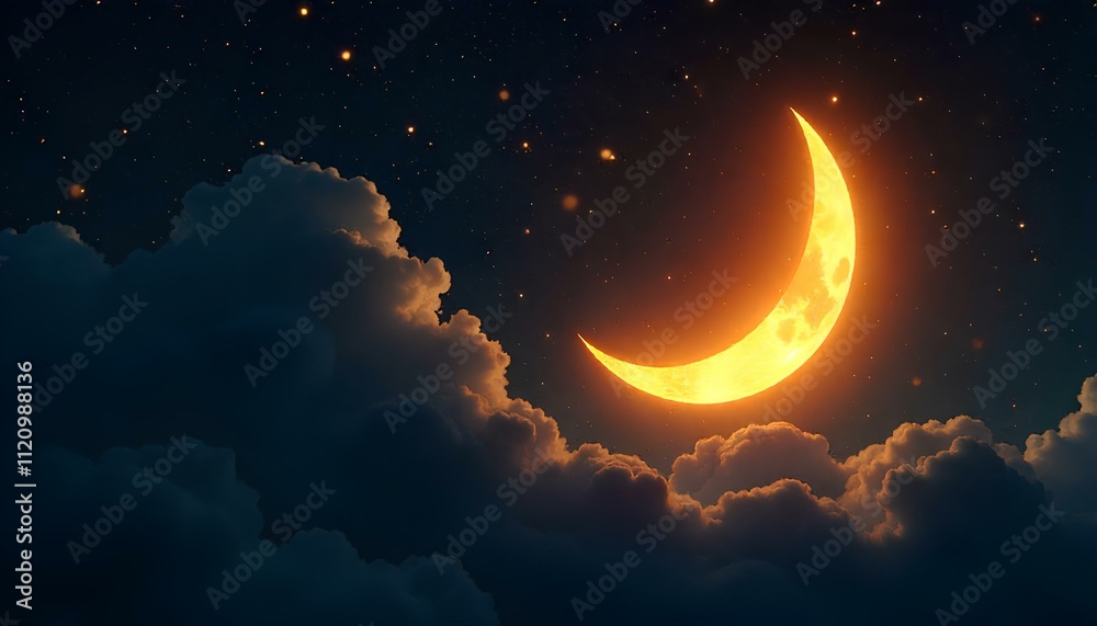 golden crescent moon casting a gentle light in a midnight sky filled with luminous sparkles, cosmic backdrop showing vivid star clusters and constellations. Generative AI golden crescent moon casting a gentle light in a midnight sky filled with luminous sparkles, cosmic backdrop showing vivid star clusters and constellations. Generative AI