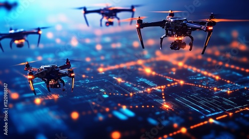 Multiple drones flying over a futuristic circuit board.