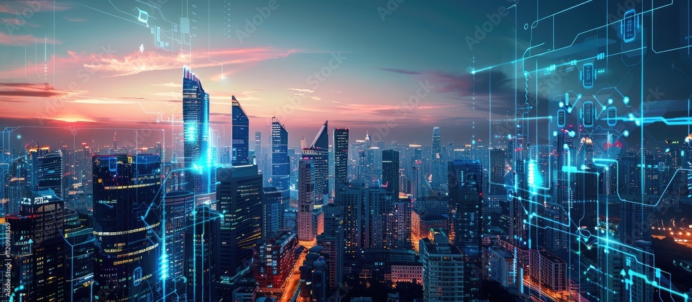 Cityscape with Futuristic Digital Overlay Cityscape with Futuristic Digital Overlay