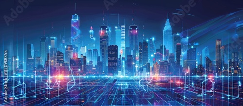 Wallpaper Mural Cyberpunk Cityscape with Glowing Towers and Digital Network Torontodigital.ca