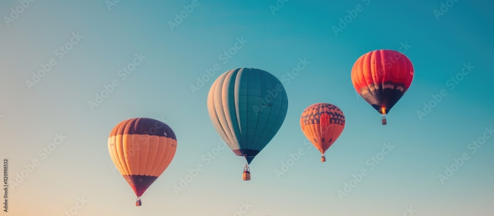 Obraz premium Four Colorful Hot Air Balloons Soaring Through a Clear Blue Sky