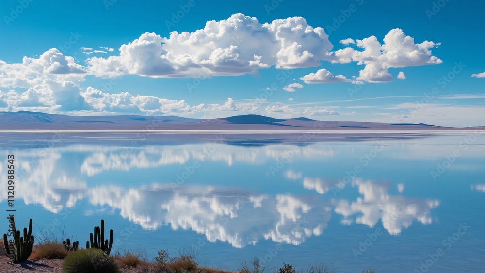 Obraz premium Stunning Panoramic View of Uyuni Salt Flat, Serene Reflection of Sky and Clouds in High Resolution