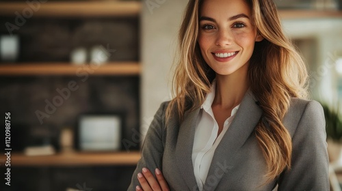 Smiling businesswoman in grey suit, arms crossed. Ideal for corporate, success, and leadership concepts.