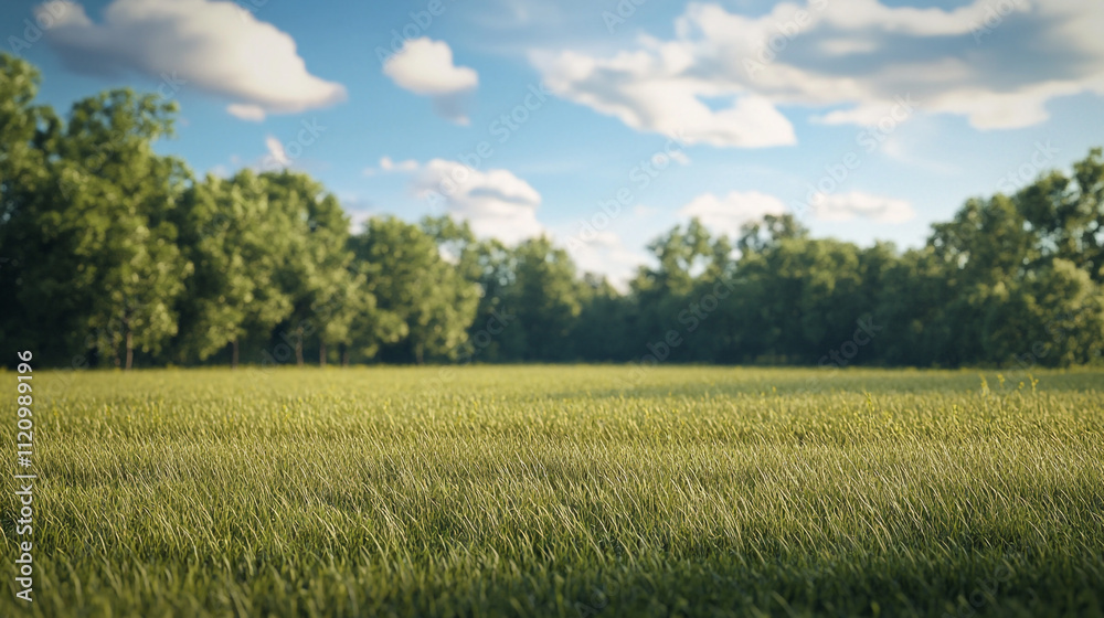 Lush green field under a clear blue sky with fluffy clouds and trees in the background Lush green field under a clear blue sky with fluffy clouds and trees in the background