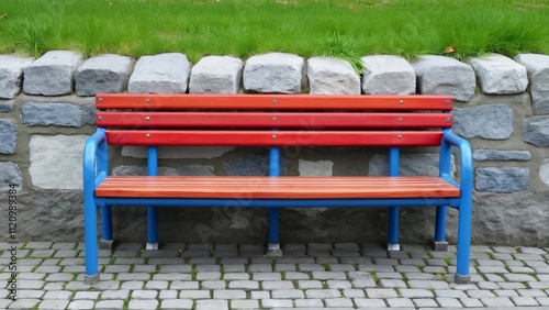 Colorful Wooden Park Bench Against Stone Wall, Red, Blue, Minimalist Outdoor Seating