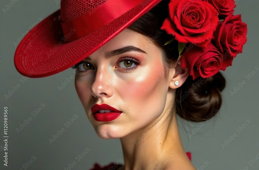 Portrait of a beautiful model girl with a hairstyle made of small red roses. Only the girl's head is visible. Floral hairstyle with a bouquet of roses. A place for the text. The banner. Portrait of a beautiful model girl with a hairstyle made of small red roses. Only the girl's head is visible. Floral hairstyle with a bouquet of roses. A place for the text. The banner.