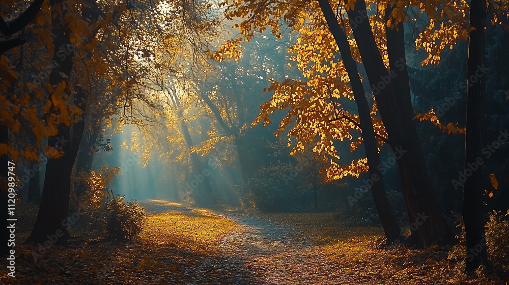 Obraz premium Sunlight streaming through autumn trees along a serene forest path