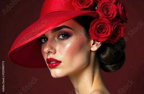 Portrait of a beautiful model girl with a hairstyle made of small red roses. Only the girl's head is visible. Floral hairstyle with a bouquet of roses. A place for the text. The banner.