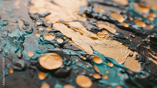 Close-up of a textured abstract painting. Teal, black, and gold paint create a dynamic, swirling pattern. The thick application of paint adds depth and visual interest. photo