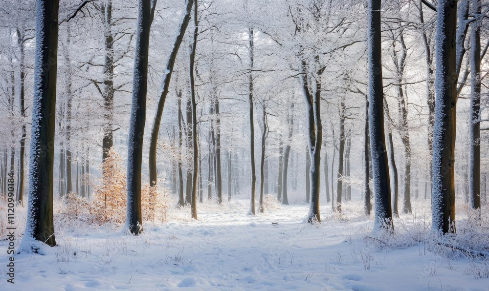 A serene winter forest scene with snow-covered trees and soft light. A serene winter forest scene with snow-covered trees and soft light.
