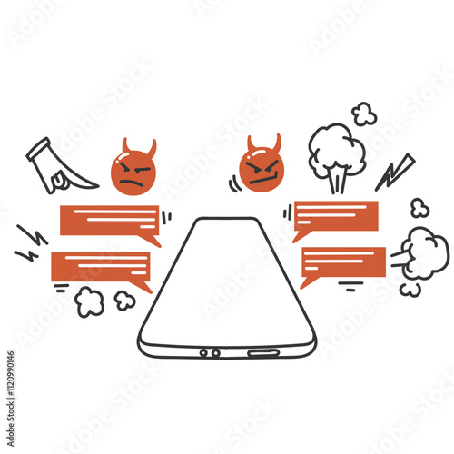 angry and bullying message on phone  in doodle cartoon icon