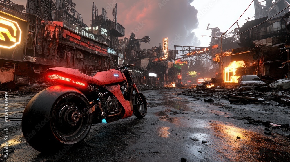 Obraz premium Futuristic motorcycle in a dystopian urban landscape 