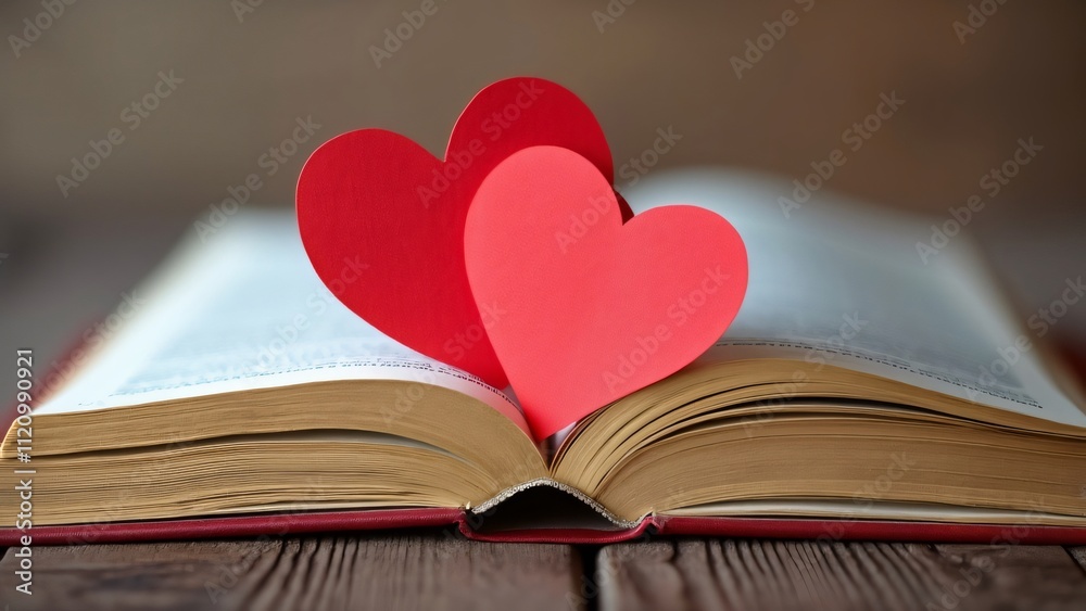 Romantic Valentine's Day Scene, Two Red Paper Hearts Resting on Open Antique Books with Gold Covers and Blurred Background Romantic Valentine's Day Scene, Two Red Paper Hearts Resting on Open Antique Books with Gold Covers and Blurred Background