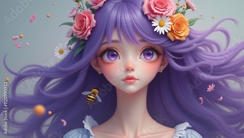 3d cartoon anime a woman with striking purple hair that flows like cascading waves. Her hair is adorned with various flowers