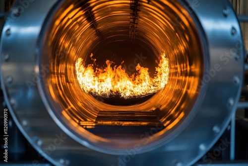 Circular metal chamber with intense flames inside. Illustrates industrial processes, energy, or combustion.