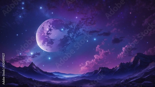 A large, purple moon hangs in a starry, photo