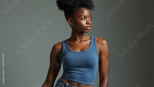 black African very deep dark black skin woman with wearing top tank and blue jeans.