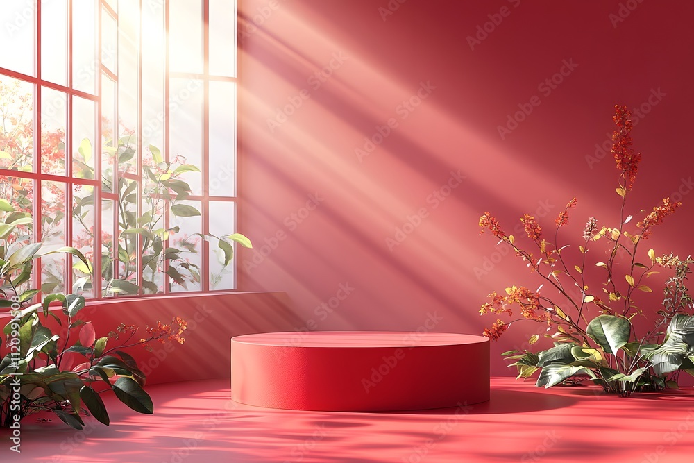 A serene red interior with a podium and plants, illuminated by soft sunlight. A serene red interior with a podium and plants, illuminated by soft sunlight.