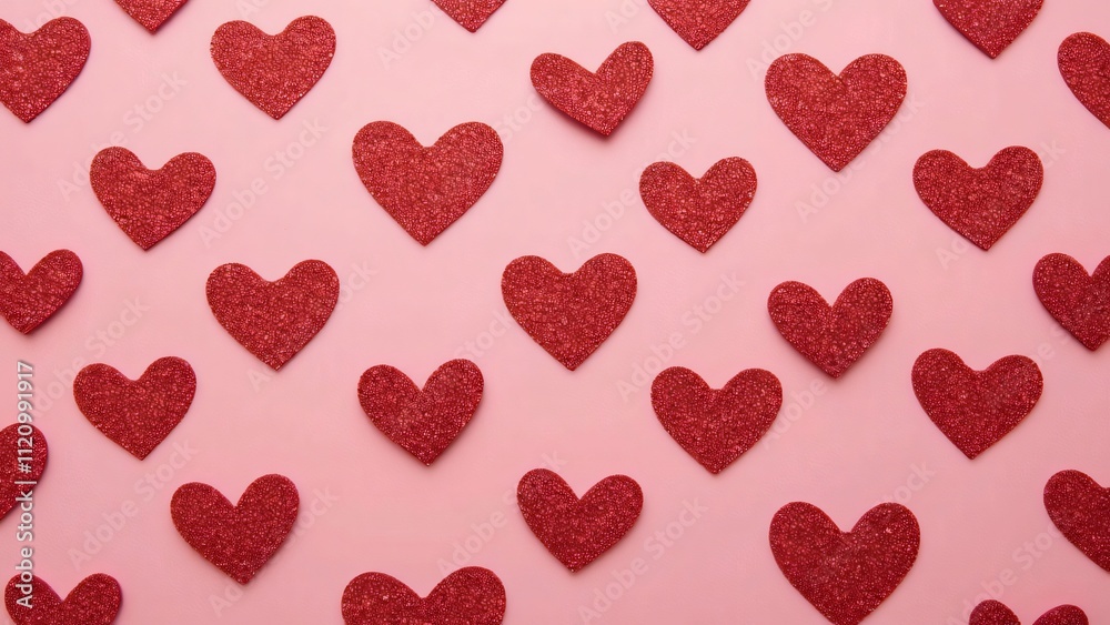 Romantic Valentine's Day Background, Red Glittery Hearts Pattern on Pastel Pink Romantic Valentine's Day Background, Red Glittery Hearts Pattern on Pastel Pink