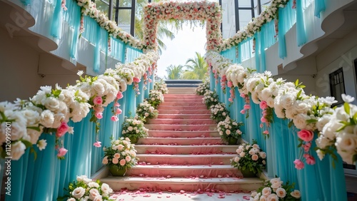 Stunning Pink & White Floral Wedding Staircase Decor with Teal Drapes - Wide Angle Shot