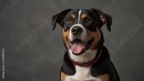 A happy Bernese Mountain Dog mix pitbull dog Sits by gray back ground.His Tongue Out	