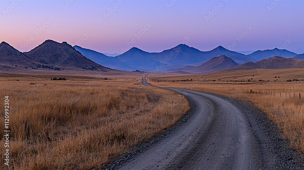 Serene sunrise over a winding dirt road leading to distant mountains. Serene sunrise over a winding dirt road leading to distant mountains.