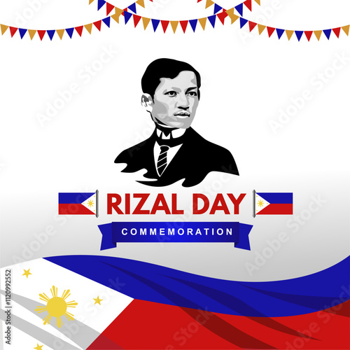 Happy Rizal Day 2024 Greeting Design with Jose Rizal Face and Philippines Flag Illustration. Rizal Day Background, Template, Design, Poster, Vector Illustration. 
