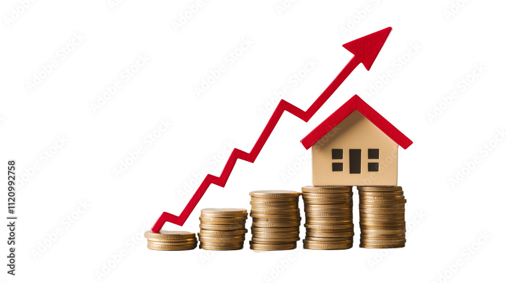 House and red arrow pointing up on a stack of coins, a real estate concept.PNG format Background. Generative AI, House and red arrow pointing up on a stack of coins, a real estate concept.PNG format Background. Generative AI,