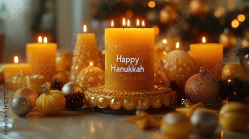 Golden candle cheer displays a cheerful arrangement of Hanukkah decorations, including candles and ornaments, with 