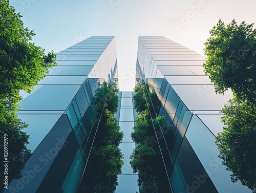 A modern architectural design featuring sleek, angular buildings with glass facades reflecting the clear sky photo