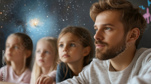 An astronomy class for beginners, with a teacher explaining the basics of space observation and stargazing, using charts and diagrams.