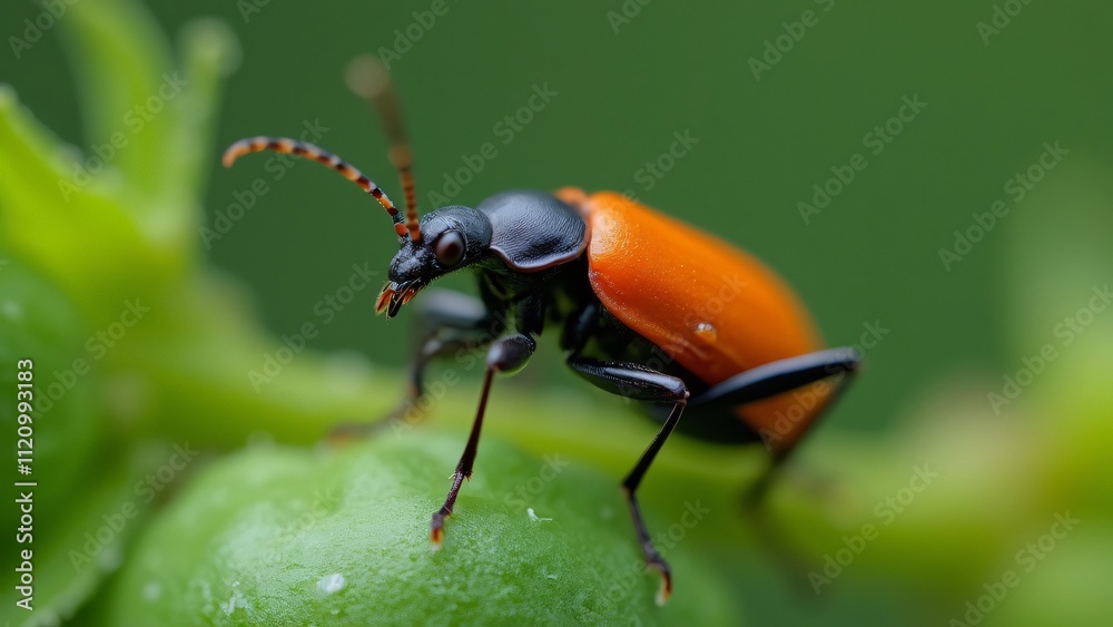 Naklejka premium Macro Photography of a Milk-Colored Pea Weevil Insect on Green Plant, Black, Orange, and Burnt Red Tones