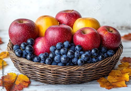 Autumn Harvest Basket of Apples and Grapes photo