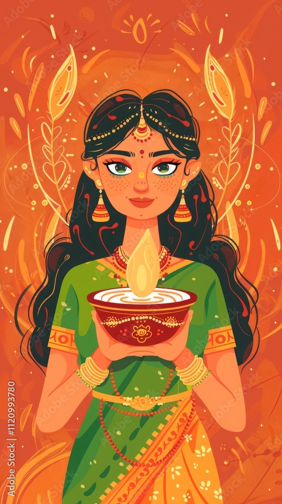 Festive indian woman in traditional attire holding diya lamp.