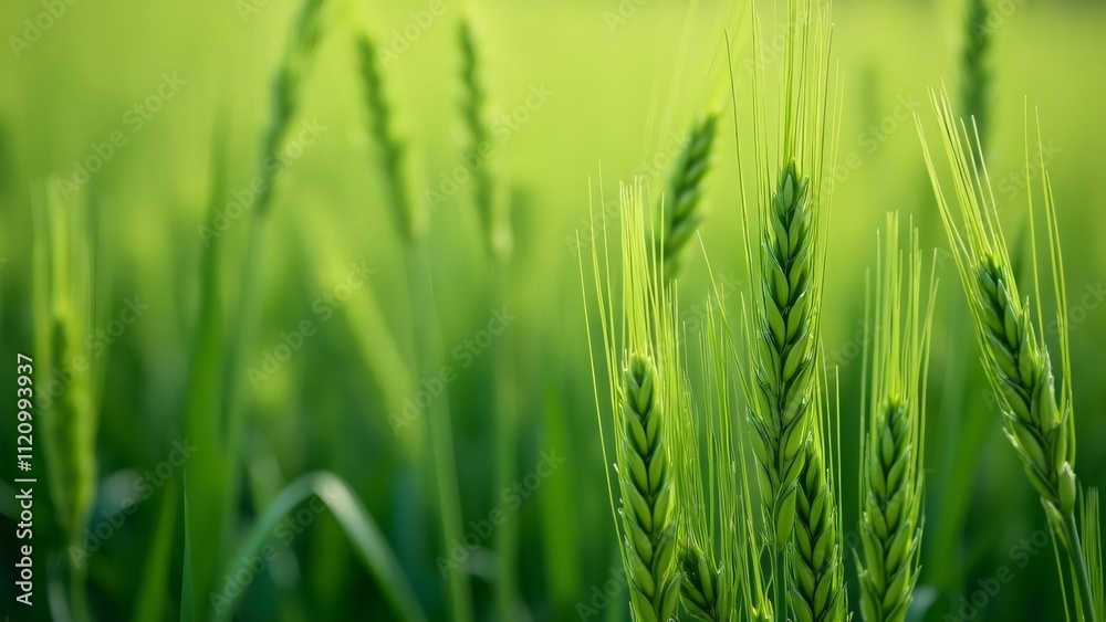 Obraz premium Lush Green Wheat Field Macro Photography, Spring Meadow Background Image - Vibrant Close-Up of Grain Stalks on Sunny Day