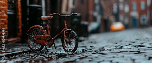 Rusty child's bicycle sits on a wet cobblestone street in an urban setting.