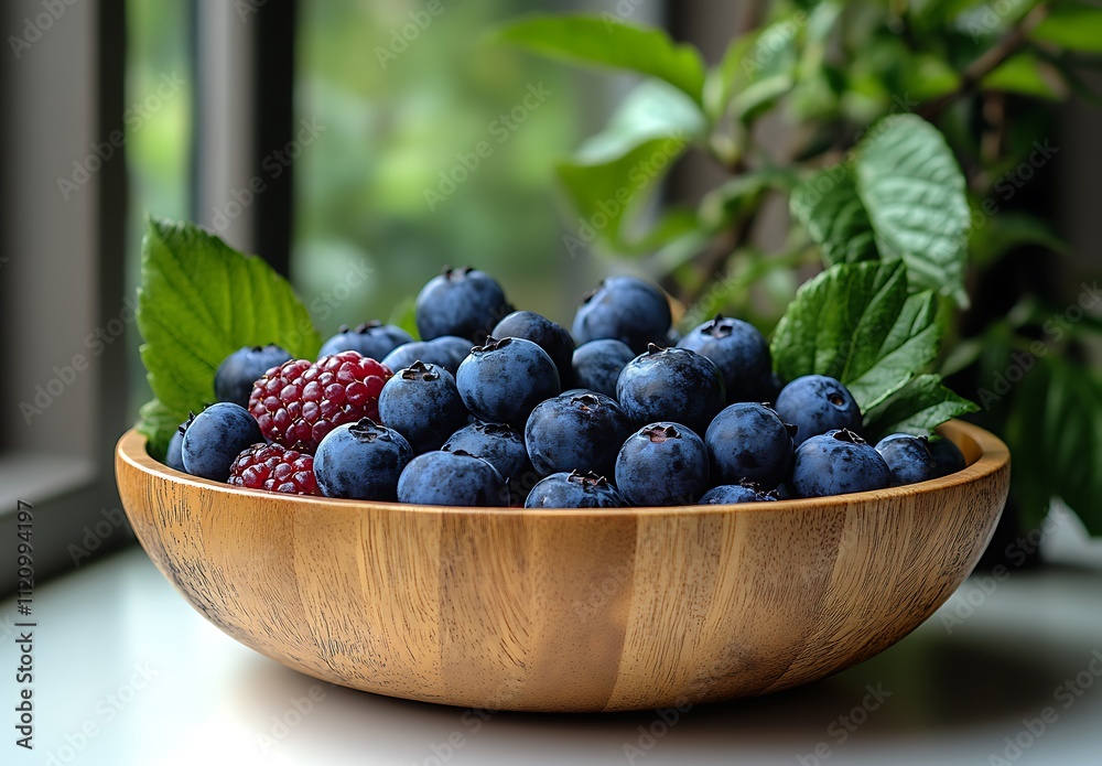 A wooden bowl filled with blueberries and raspberries A wooden bowl filled with blueberries and raspberries