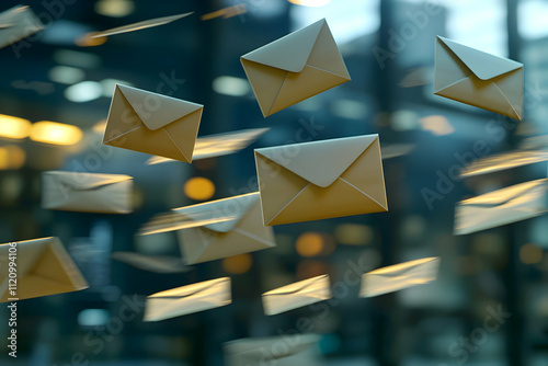 A digital email campaign with flying envelopes aimed at a target audience, emphasizing business outreach and customer engagement through virtual communication.