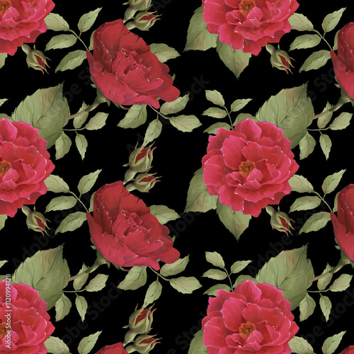 roses seamless pattern watercolor flowers botanical vintage black