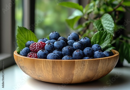 A wooden bowl filled with blueberries and raspberries photo