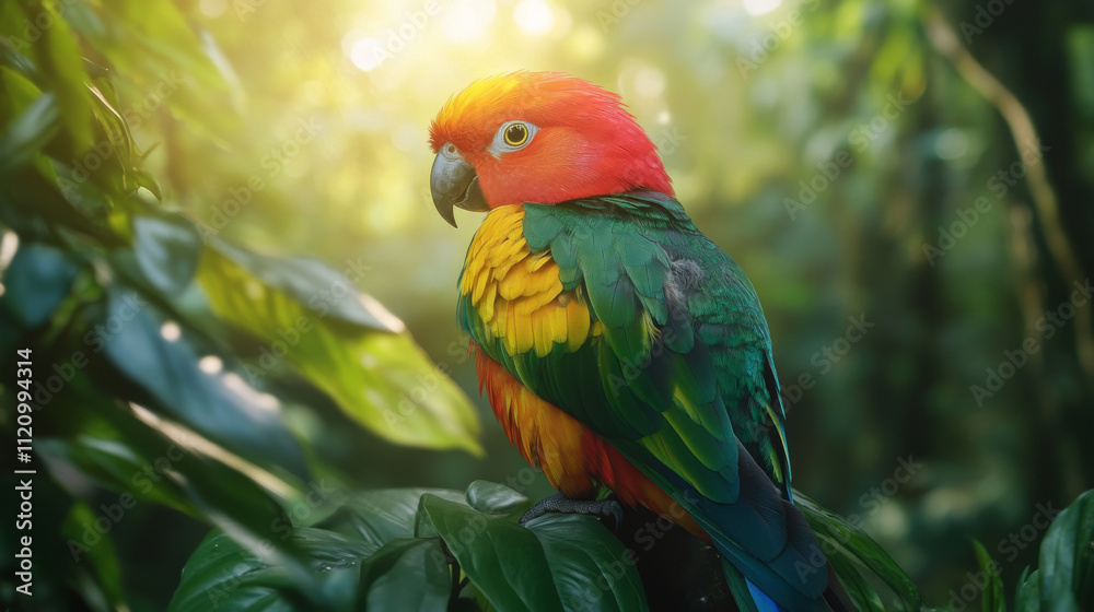 An exotic bird with vibrant plumage, perched in a tropical rainforest, surrounded by lush greenery and sunlight filtering through the trees. An exotic bird with vibrant plumage, perched in a tropical rainforest, surrounded by lush greenery and sunlight filtering through the trees.