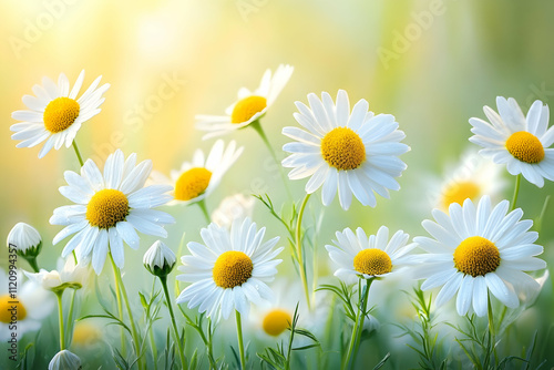 Sunlit daisies in a field.