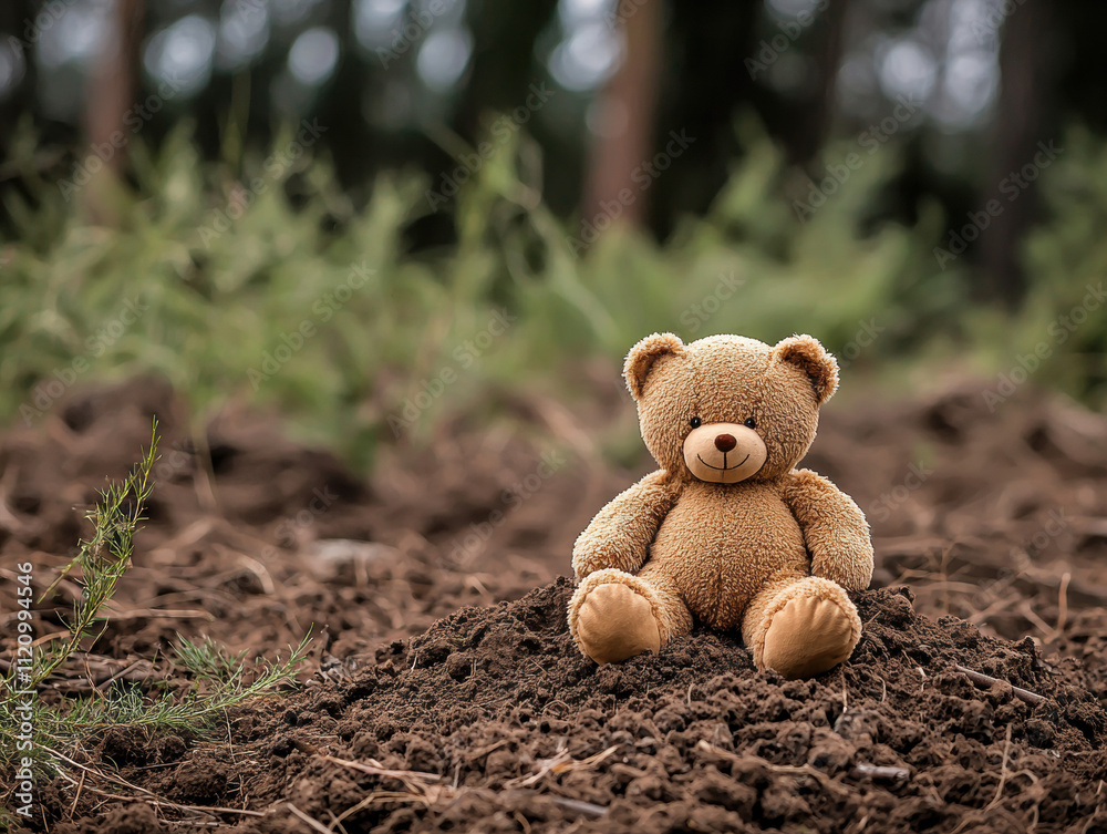Climate change wildlife crisis concept. A plush teddy bear sits on earthy ground, surrounded by greenery, evoking a sense of nostalgia and childhood innocence. Climate change wildlife crisis concept. A plush teddy bear sits on earthy ground, surrounded by greenery, evoking a sense of nostalgia and childhood innocence.