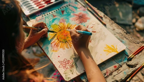 A child painting a colorful flower on a sketchbook outdoors. photo