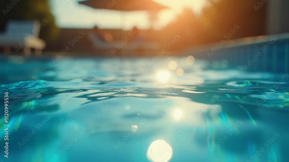 Stunning Summer Pool Water Close-Up, Cinematic Blue Water, Golden Sunlight, Bokeh Background Stunning Summer Pool Water Close-Up, Cinematic Blue Water, Golden Sunlight, Bokeh Background