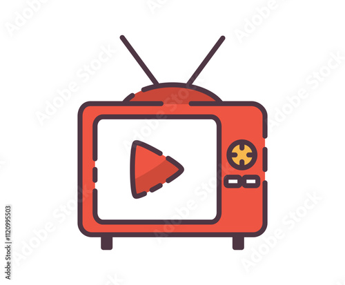 TV media ads icon illustration. Flat line color icon of red retro television icon with a play button on the screen.  A vintage TV illustration. Colored outline icon.