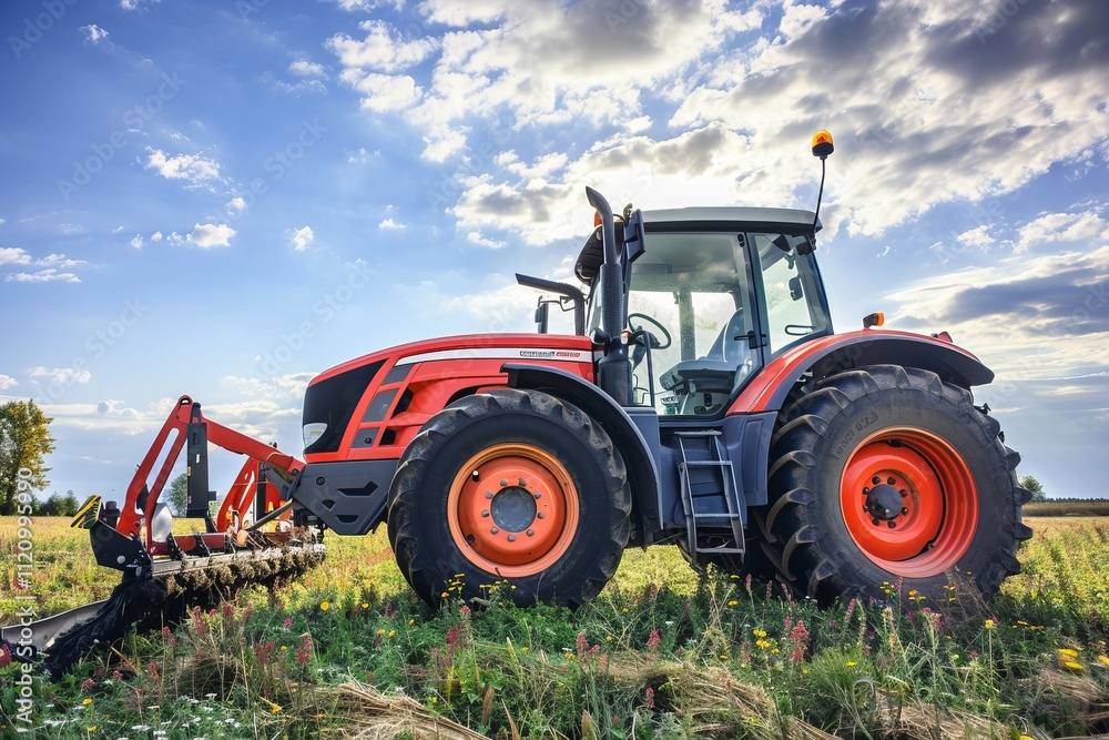 Modern tractor plowing field under blue sky with dramatic clouds in countryside. Modern tractor plowing field under blue sky with dramatic clouds in countryside.