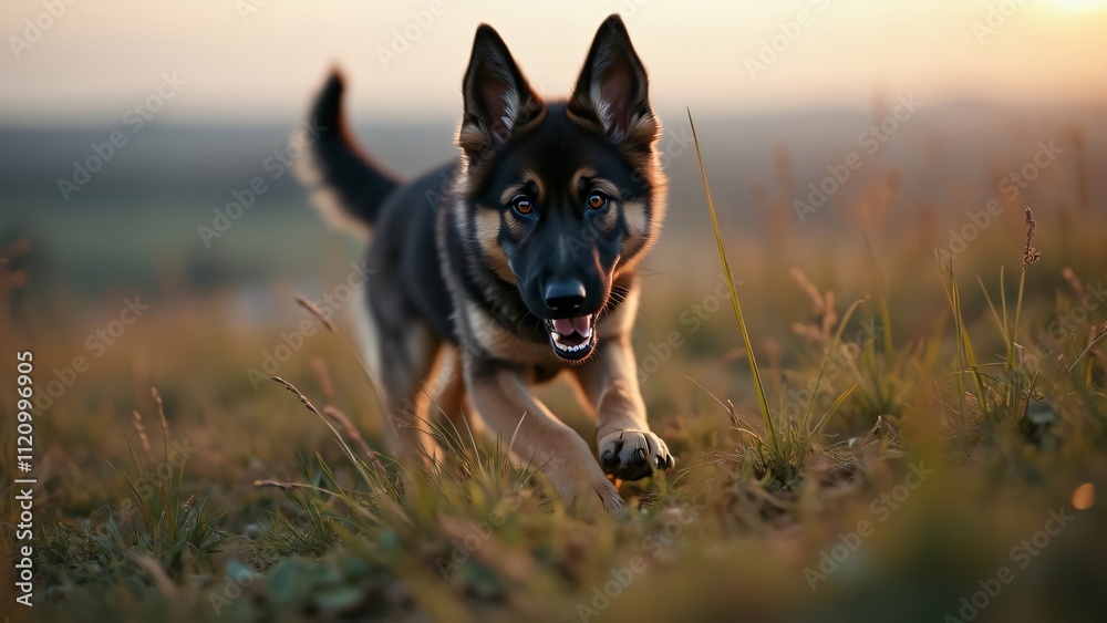 Playful Ukrainian Shepherd Dog in Sunset Grassland, Cinematic Hillside Photo Playful Ukrainian Shepherd Dog in Sunset Grassland, Cinematic Hillside Photo
