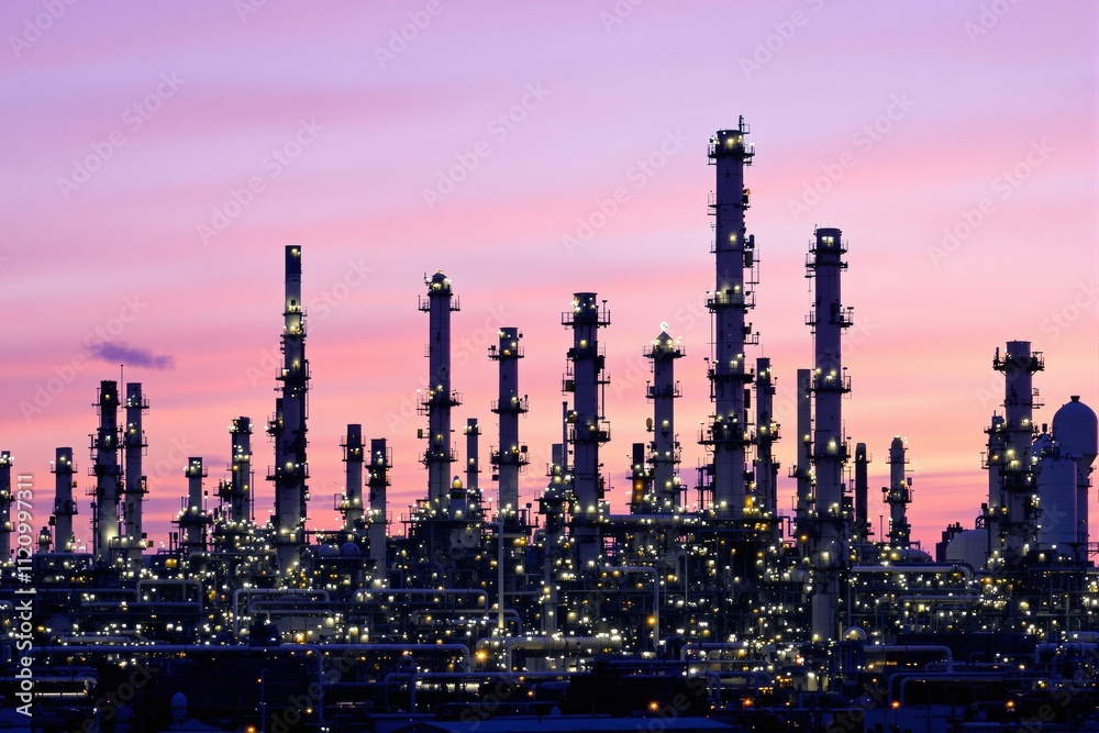 Industrial oil refinery or petrochemical plant with tall chimneys and ...