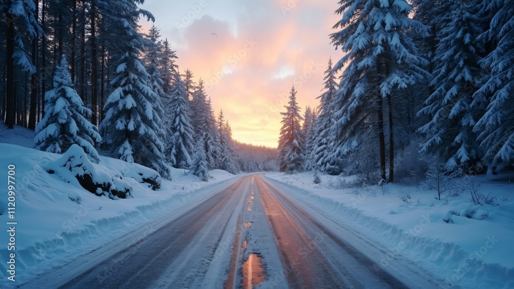 Scenic Winter Road in Northern Europe Forest at Sunset, Snow Covered Asphalt, Snowy Trees, Wide Angle, Winter Travel Background Scenic Winter Road in Northern Europe Forest at Sunset, Snow Covered Asphalt, Snowy Trees, Wide Angle, Winter Travel Background